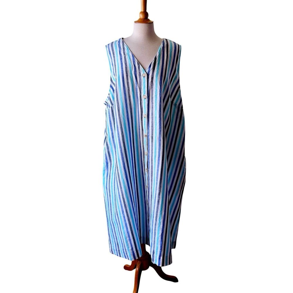 NWT Liz Claiborne Striped Blue White Linen Cotton Sleeveless Dress - Picture 6 of 9